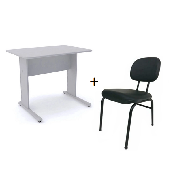 Kit Mesa 1,20×0,60 sem Gavetas Cinza – Pandin + Cadeira Secretária Fixa Courino Preto – 1402.1