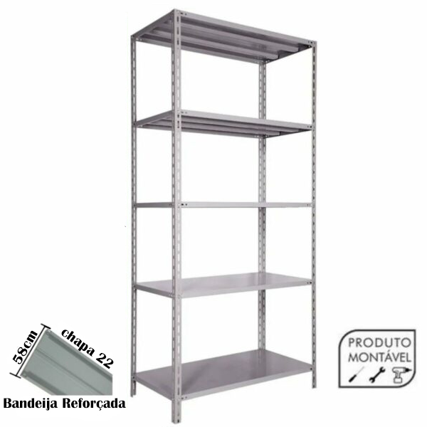 Estante de Aço Cinza com 05 Bandejas 60 cm (22/18) – 1,98×0,92×0,60m – 3007