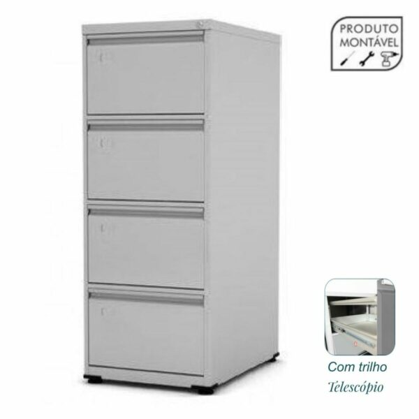 Arquivo de Aço 04 Gavetas com Trilho Telescópico 57cm  – Chapa 26 – 1,36×0,47×0,57m – CINZA – PANDIN – 3304
