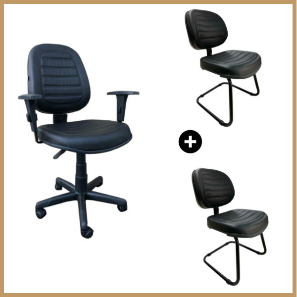Conjunto de Cadeiras Executiva Alta Costurada + Executiva Costurada Fixa Base em “S” preta – 2906