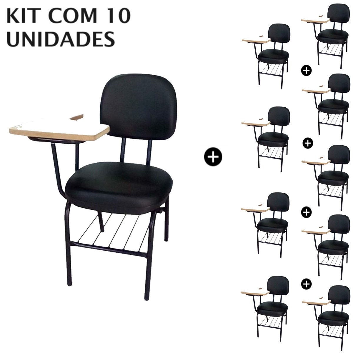 Kit com 10 Carteiras Universitárias Secretária Estofada – Cor Preta – Móveis Supremo – 4031
