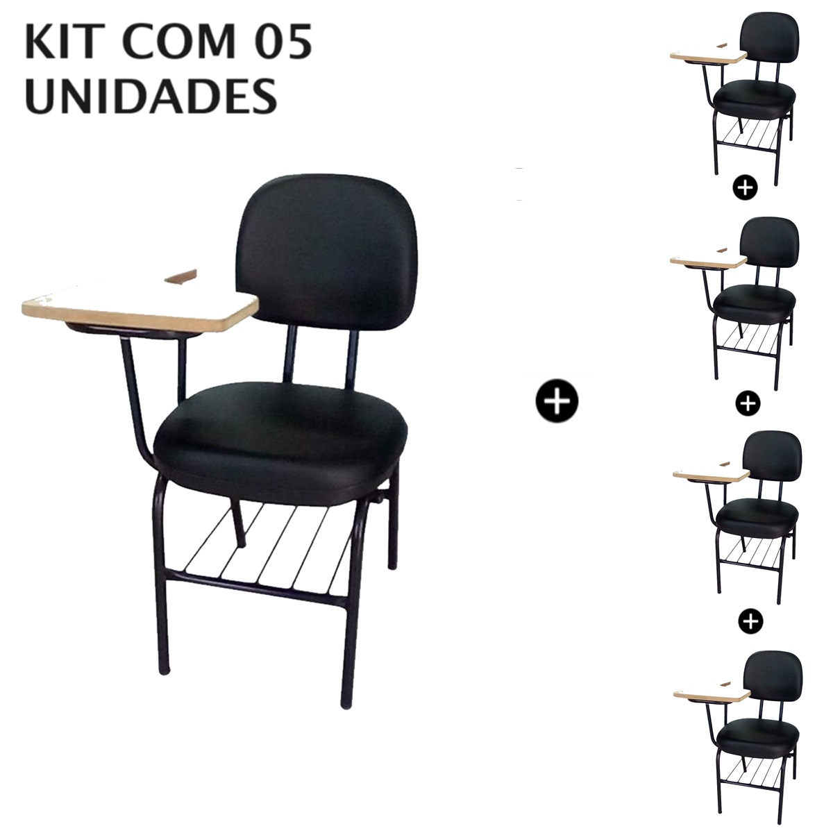 Kit com 05 Carteiras Universitárias Secretária Estofada – Cor Preta – Móveis Supremo – 4030