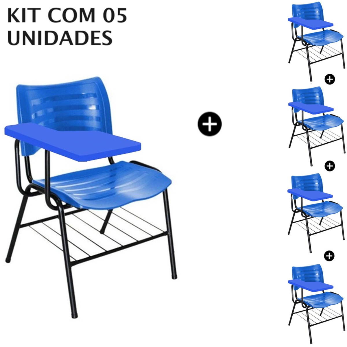 Kit com 05 Carteiras Universitárias Plástica com Prancheta PLÁSTICA – COR AZUL – 4040
