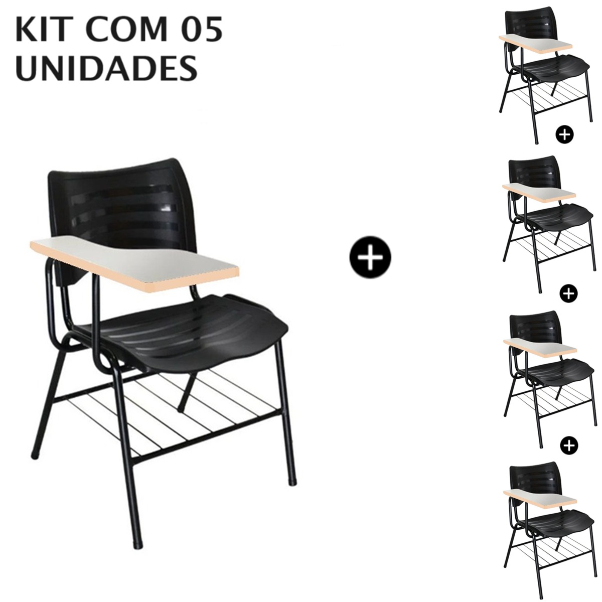 Kit com 05 Carteiras Universitárias Plásticas (Polipropileno) – Cor Preto – 4032