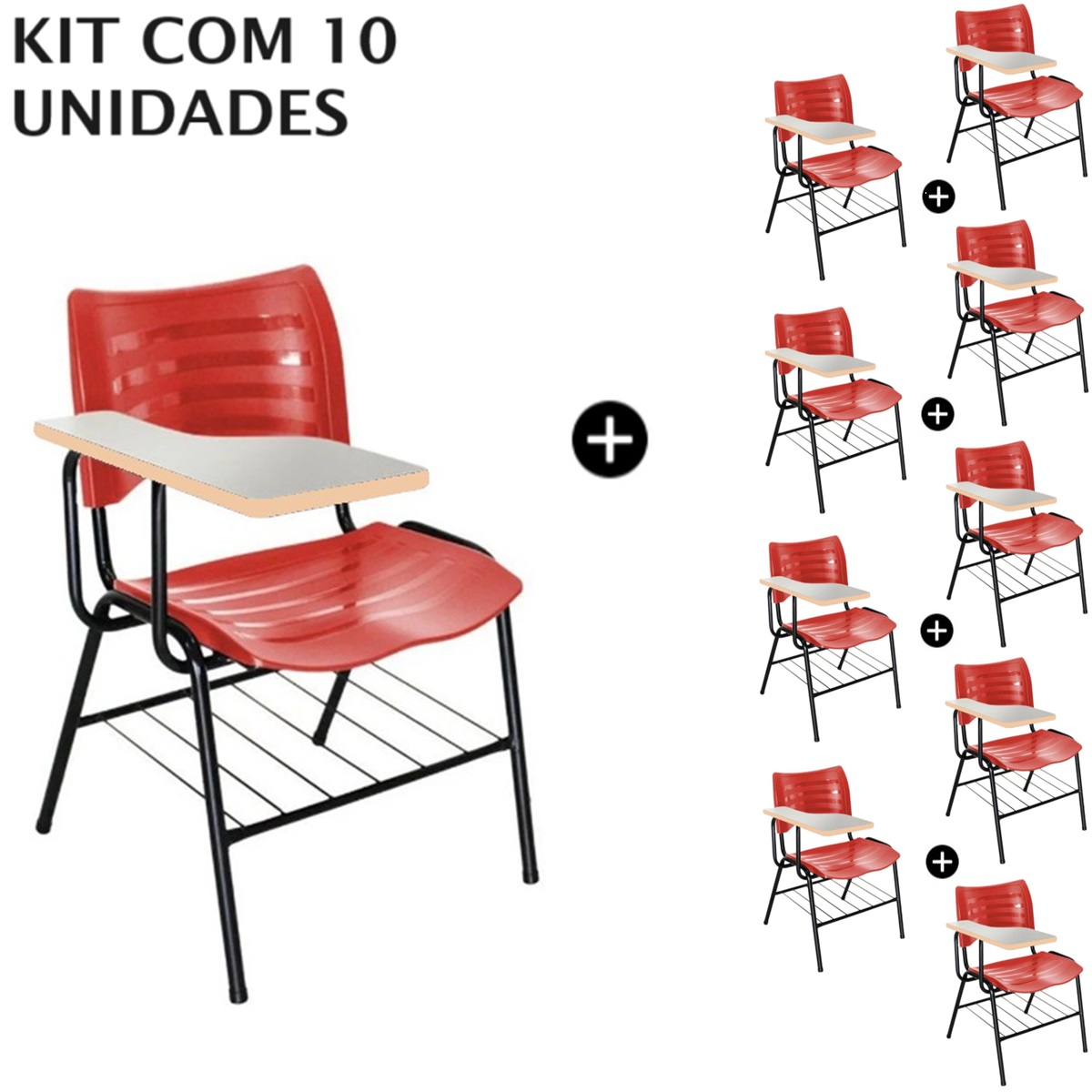 Kit com 10 Carteiras Universitárias Plásticas (Polipropileno) – Cor Vermelho – 4037