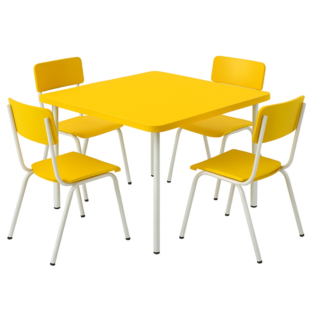 Conjunto Quadrado c/ 04 Cadeiras COR AMARELO – TAMPO PLÁSTICO – 06 a 09 Anos – JUVENIL – Móveis Supremo – 4182