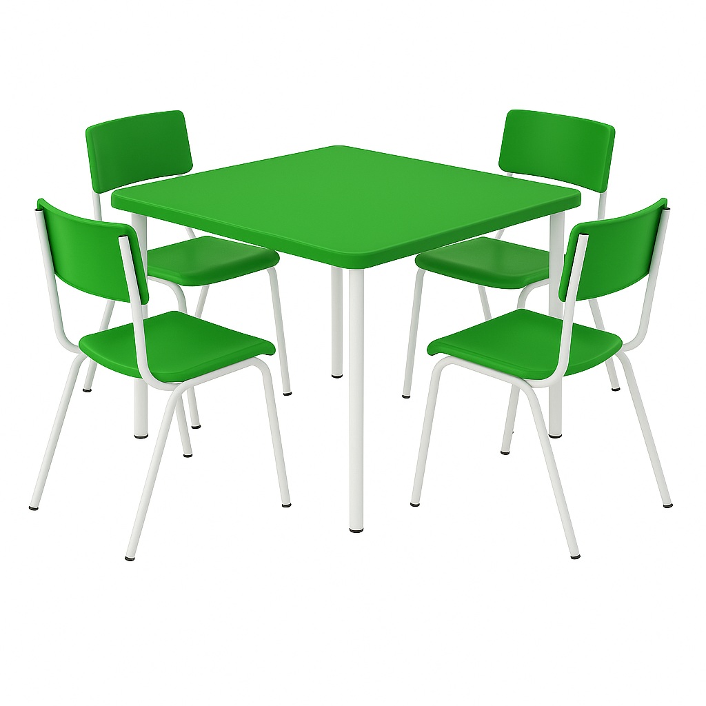 Conjunto Quadrado c/ 04 Cadeiras COR VERDE – TAMPO PLÁSTICO – 06 a 09 Anos – JUVENIL – Móveis Supremo – 4183