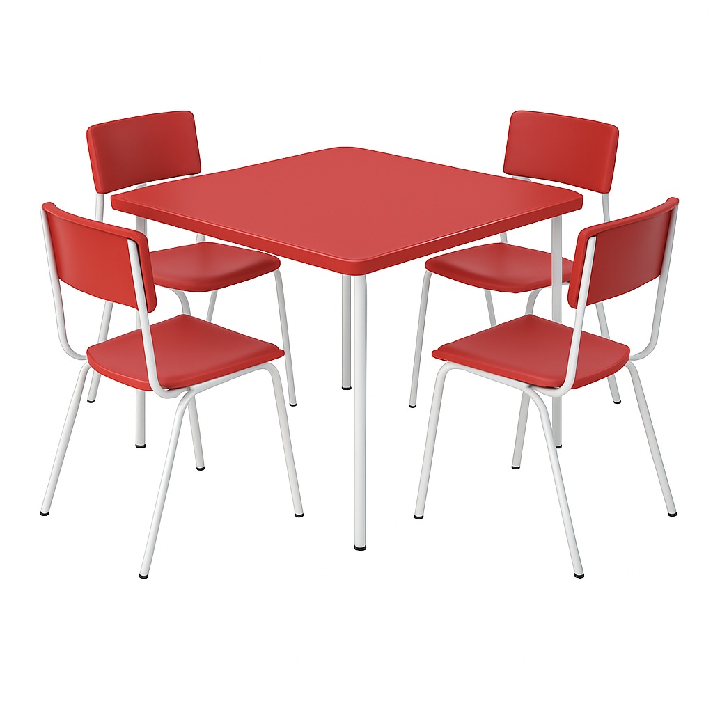 Conjunto Quadrado c/ 04 Cadeiras COR VERMELHO – TAMPO PLÁSTICO – 06 a 09 Anos – JUVENIL – Móveis Supremo – 4184